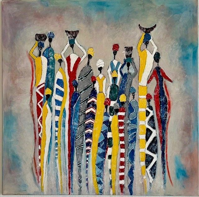 Aquarellbild einer buntgekleidete Menschengruppe